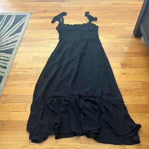 Tie-Shoulder Black Midi Dress with Ruffle Hem